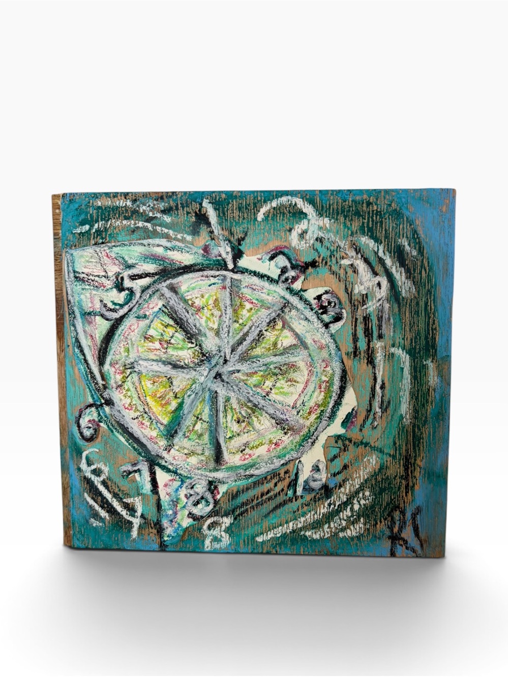 Lemon Clock Abstract Art • Citrus Wheel Oil Pastels  on Wood • Textured Teal Wal